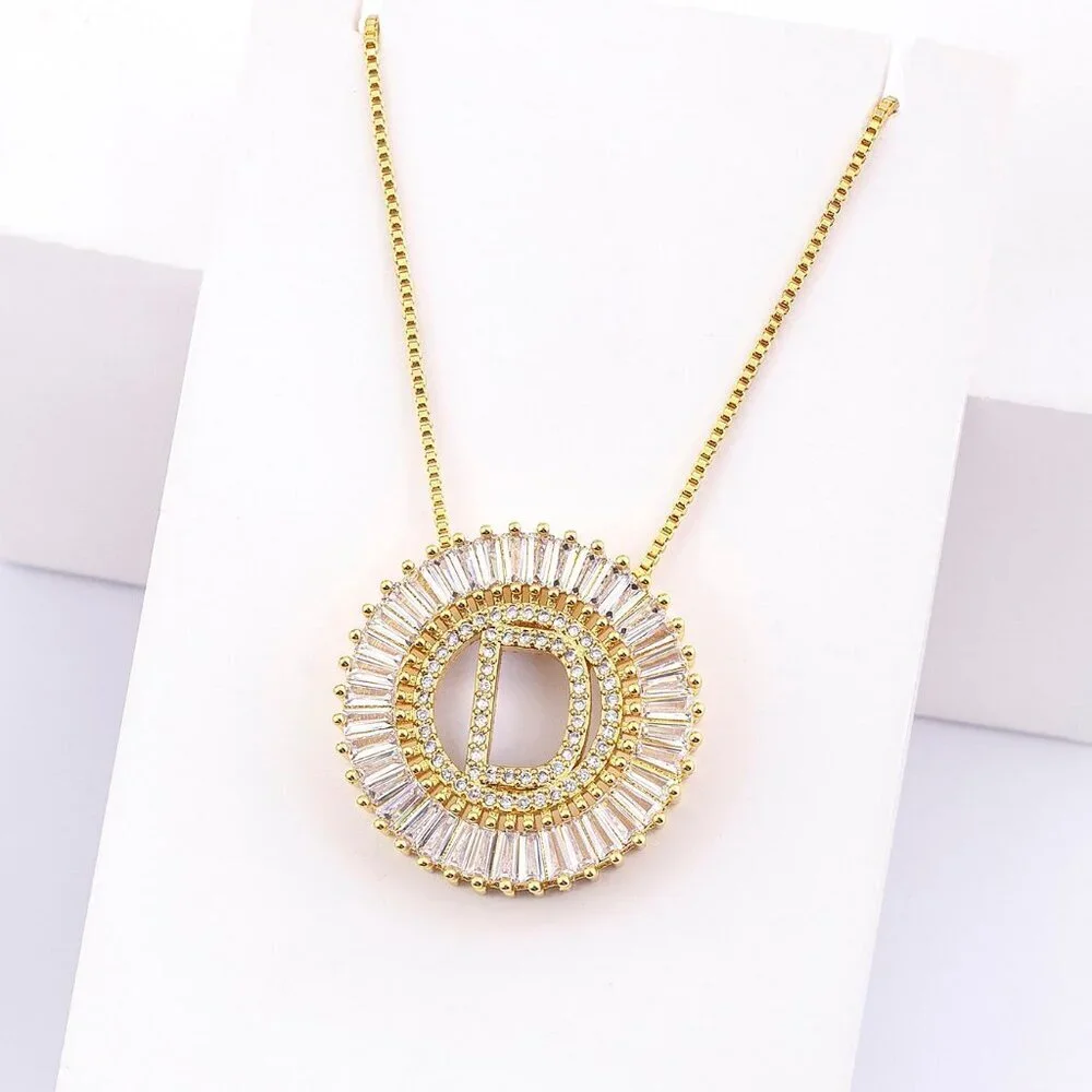 Yellow Gold Women's Large Letter Detail Cubic Zirconia Round Charm Necklace_6